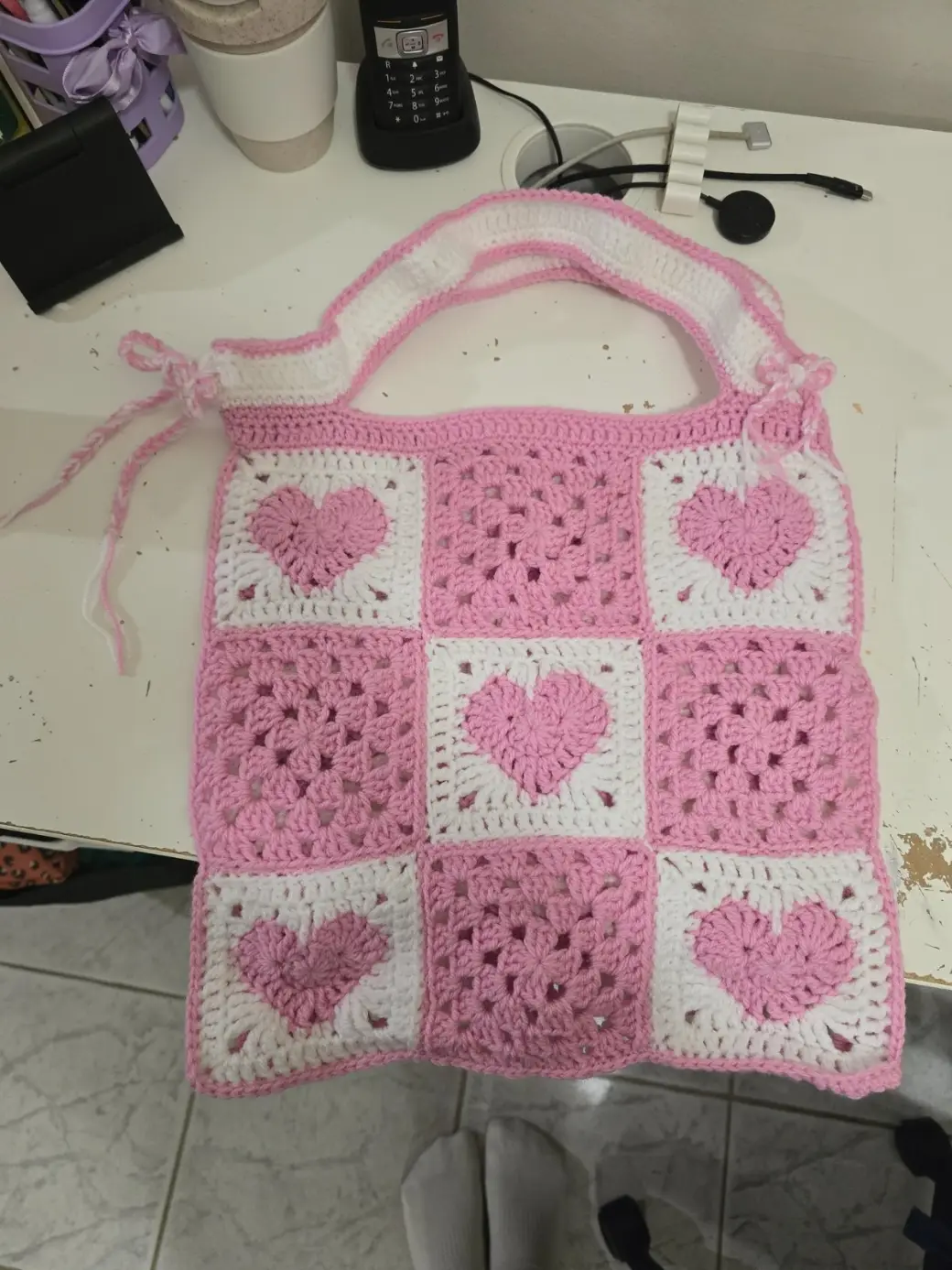 Pink & White Heart Granny Square Tote Bag
